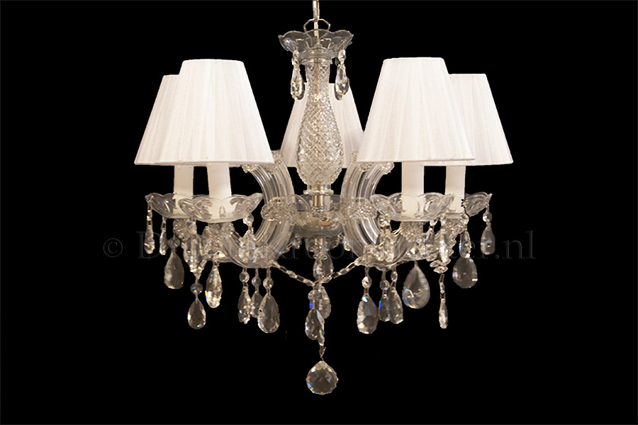 Kronleuchter Maria Theresa 5 flammig mit Organza stoff dubbel gestoffeerde Weisste klemkapjes Kronleuchter Maria Theresa 5 flammig mit Organza stoff dubbel gestoffeerde Weisste klemkapjes