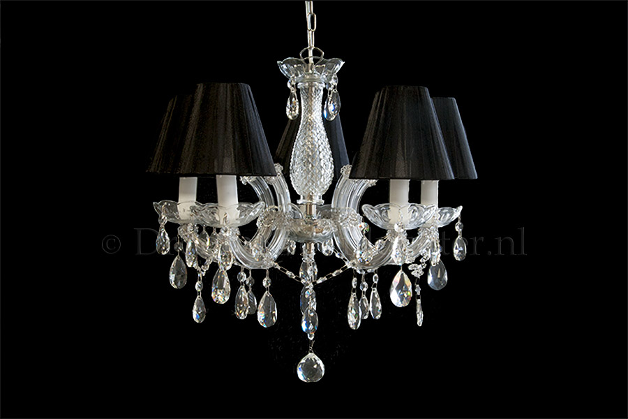 Kronleuchter Maria Theresa 5 flammig mit Organza stoff dubbel gestoffeerde Schwarze klemkapjes Kronleuchter Maria Theresa 5 flammig mit Organza stoff dubbel gestoffeerde Schwarze klemkapjes